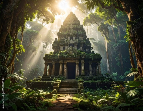 Ancient Jungle Temple Ruin Bathed in Sunbeams Deep in Lush Tropical Rainforest