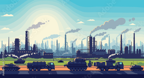 Pixel art industrial landscape with factory smokestacks and military vehicles on a sunny day.