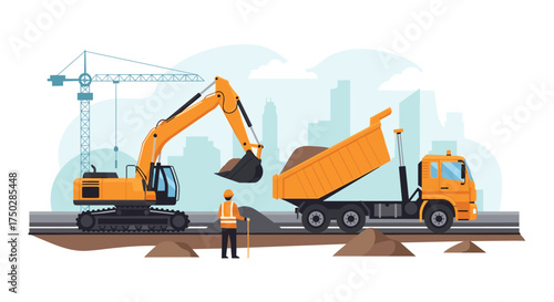 Construction site with excavator loading dirt into a dump truck with a worker present.