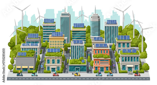 Vibrant Eco-City Vision Modern Urban Landscape with Sustainable Architecture, Renewable Energy Sources, and Clean Transportation for a Greener Future