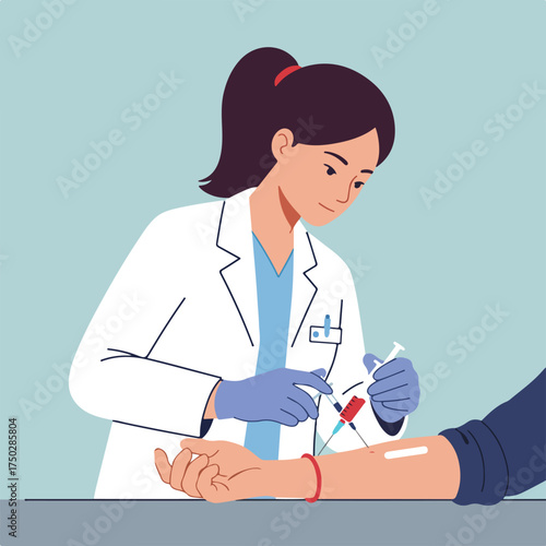Female healthcare worker administers injection, drawing blood sample from patient's arm