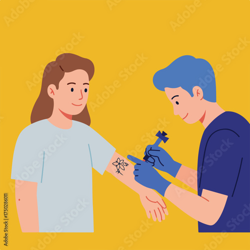Tattoo artist applies ink to customer's arm with a flower design