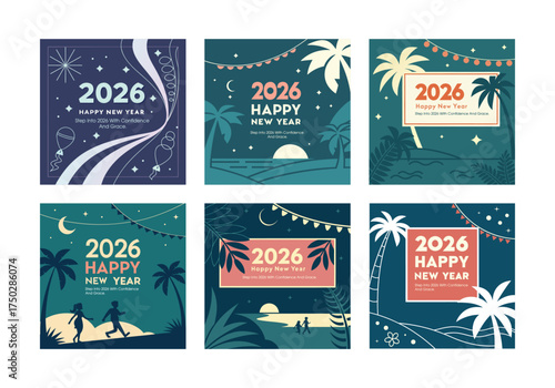 2026 New Year Celebration Design Set – Modern Festive Party Backgrounds, Tropical Night Holiday Vector Illustrations, Happy New Year Greeting Banner Templates, Abstract Event Art
