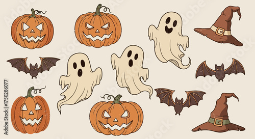 A vintage collection of hand-drawn Halloween icons featuring spooky pumpkins, friendly ghosts, bats, and witch hats for seasonal decoration