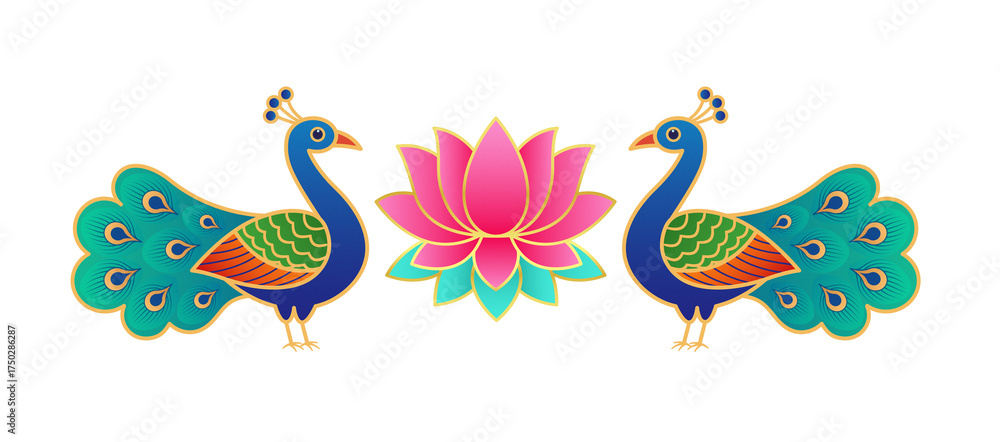 Obraz premium Peacock and lotus ornamental Indian artwork in symmetrical design for decorative, cultural, or festival diwali, wedding