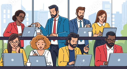 A diverse team of professionals collaborating on laptops during a corporate training session in a modern office environment