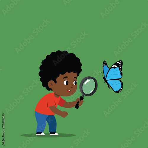 Boy examines a blue butterfly with a magnifying glass