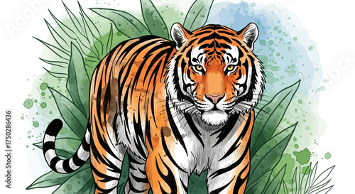 Vibrant illustration of a majestic tiger amidst lush tropical foliage