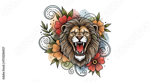 Roaring Lion with Floral Embellishments A Colorful Illustration of Strength and Nature's Beauty