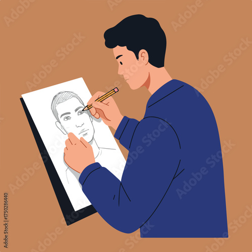 A person drawing a portrait of a man with a pencil on paper
