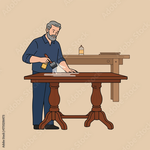 Bearded man applies varnish to an ornate wooden table with a brush