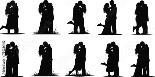 Romantic couple silhouette kissing in love pose, passion and affection concept, lovers embrace vector illustration for Valentine’s Day design art