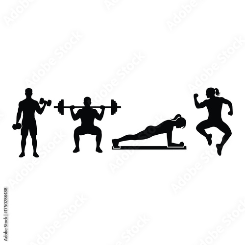 Dynamic silhouette fitness figures performing weightlifting squats planking and jumping for health and wellness motivation silhouette