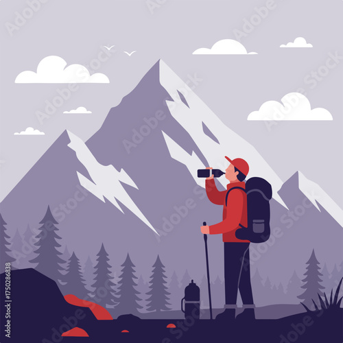 Hiker drinking from bottle, standing with poles amidst mountain landscape