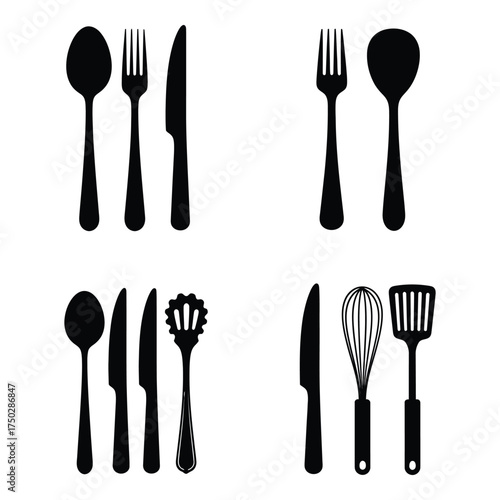 Collection of silhouette kitchen utensils including spoons forks knives whisk and spatula for culinary design and food preparation silhouette