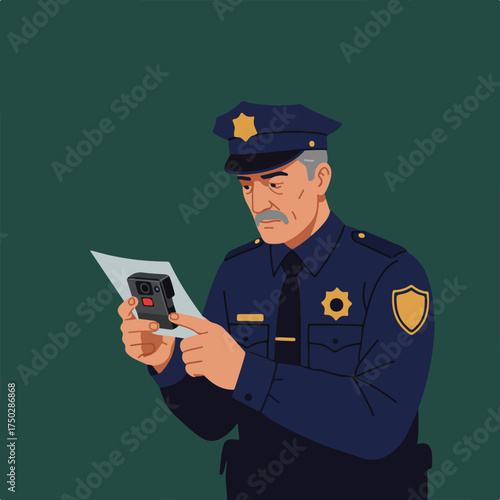 Officer studies documents and body camera