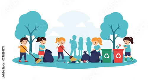 Children cleaning up a park environment to protect nature.