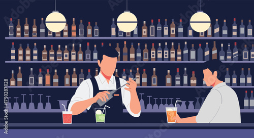 A bartender expertly prepares drinks behind a bar filled with bottles.