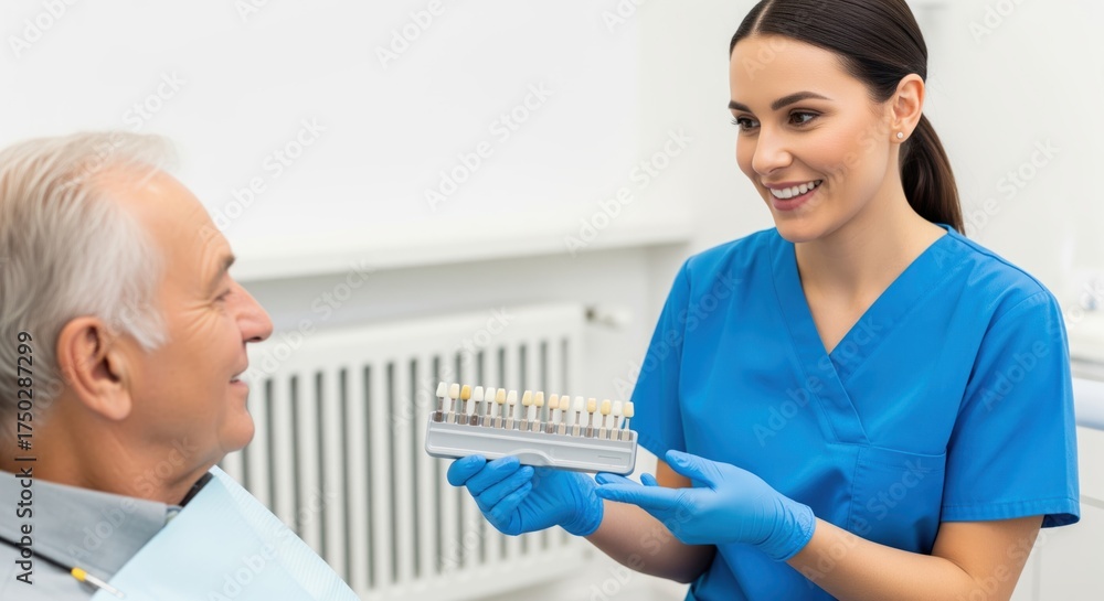 Obraz premium Smiling dental hygienist presents tooth shade guide to elderly male patient in clinic