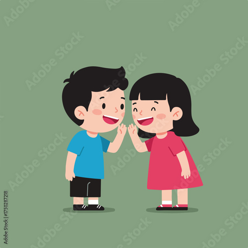 Two happy children, a boy and a girl, are sharing a secret with their hands near their mouths