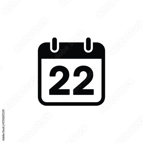 Black Calendar Icon Showing Number Twenty Two on Transparent Background