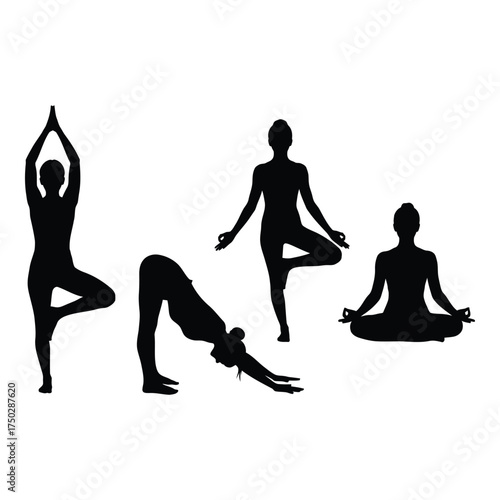 Silhouettes of diverse yoga poses demonstrating flexibility strength and inner peace for wellness and mindful practice silhouette