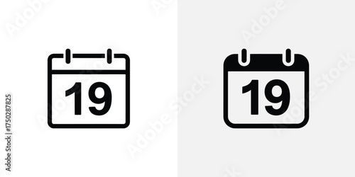 Black Calendar Icons 19th Day Marked with Two Variations on White Background