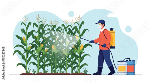 Farmer spraying pesticide on a field of corn crops to protect them from pests and diseases.