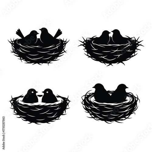 Four silhouette bird nests with pairs of birds depicting nature family love and nesting behavior artistic design elements silhouette