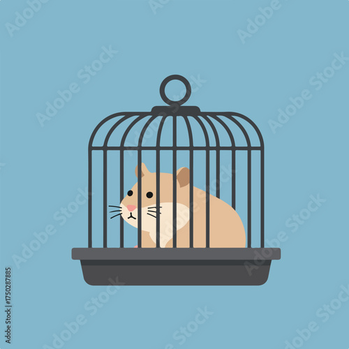 Small furry rodent in a traditional bird cage