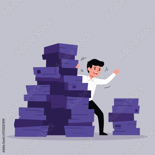 Stressed person overwhelmed by towering stacks of purple paperwork
