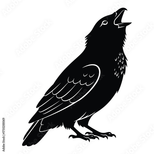 Silhouette of a crow cawing with head tilted back detailed feathers and feet capturing dramatic motion silhouette