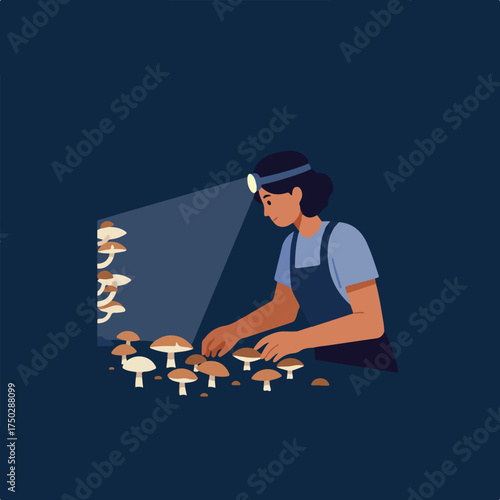 Person wearing headlamp gathers mushrooms under dark blue background