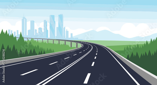 A long and winding highway stretches towards a distant city skyline.