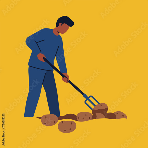 Person digging potatoes with a pitchfork on a yellow background
