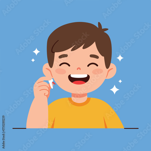 Cheerful child with a fallen baby tooth, eyes closed, smiling widely