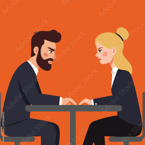 Two business people, an angry man and woman, sit at a table facing each other