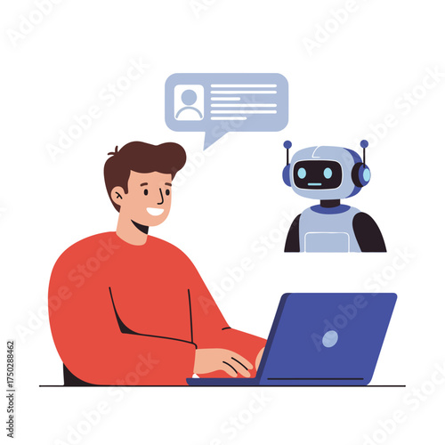 Person interacting with AI bot via laptop and chat bubble