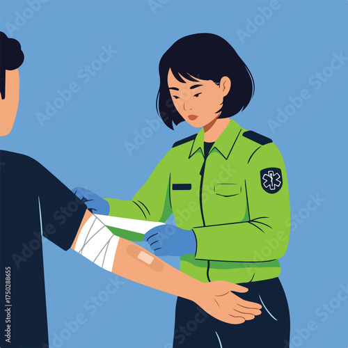 A medical professional gently applies a bandage to an injured arm