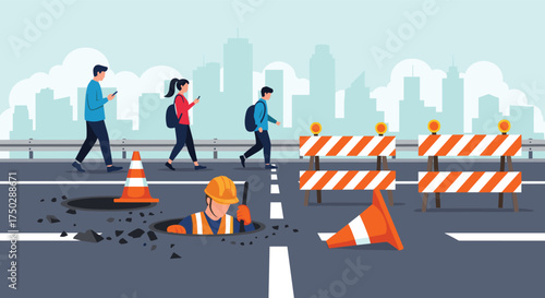 City street maintenance work with construction barriers and traffic cones.