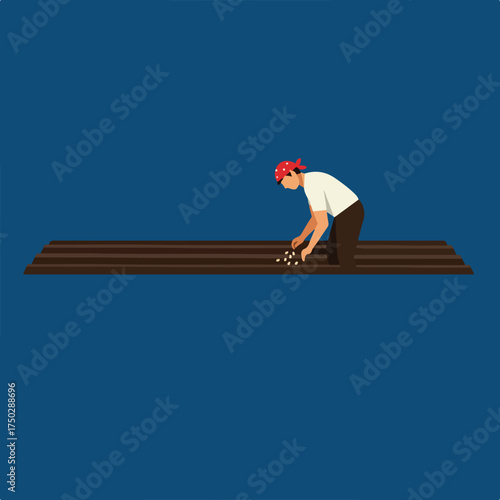 Person planting seeds in furrows on a dark blue background