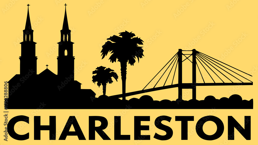 Fototapeta premium Detailed charleston skyline vector with palms, church, and bridge silhouettes. Perfect for travel brochures, postcards, citythemed designs, and souvenirs.