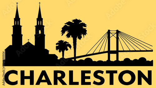 Detailed charleston skyline vector with palms, church, and bridge silhouettes. Perfect for travel brochures, postcards, citythemed designs, and souvenirs.