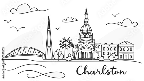 Charleston skyline vector in black and white is perfect for travel brochures, city guides, prints, and souvenirs. Ideal for promotional materials.