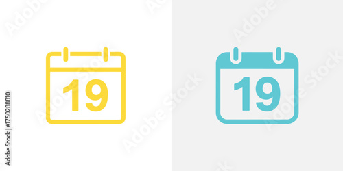 Calendar Icon 19th Date in Yellow and Blue Isolated on White and Gray Backgrounds