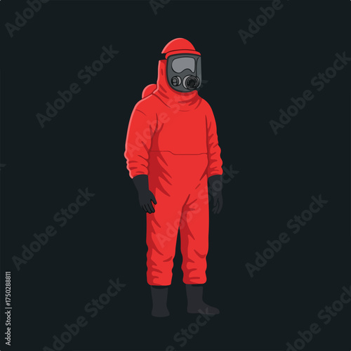 Full body illustration of a person in a red hazmat suit and gas mask