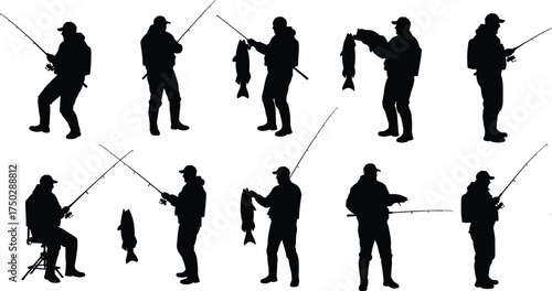 Silhouette of fishermen holding fish and fishing rods, successful catch, outdoor angler activity, peaceful fishing lifestyle, nature sport recreation scene
