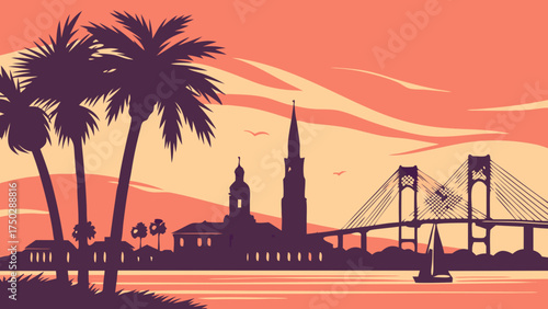 Charleston skyline vector with palm trees, bridge, church, sailboat silhouettes at sunset. Suitable for travel, postcards, souvenirs, and citythemed designs.