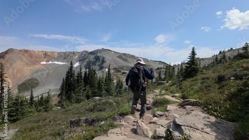 Adventurous Hiker Navigates a Scenic Mountain Trail in Whistler, British Columbia, Canada on a Sunny Day