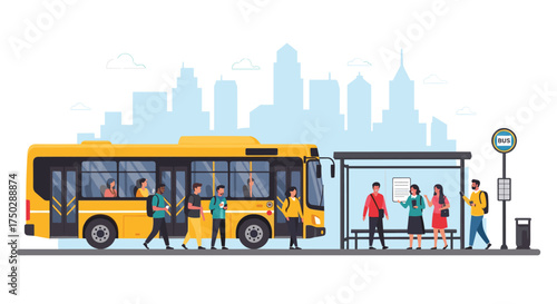 People boarding and waiting for a public transportation bus at a city bus stop.